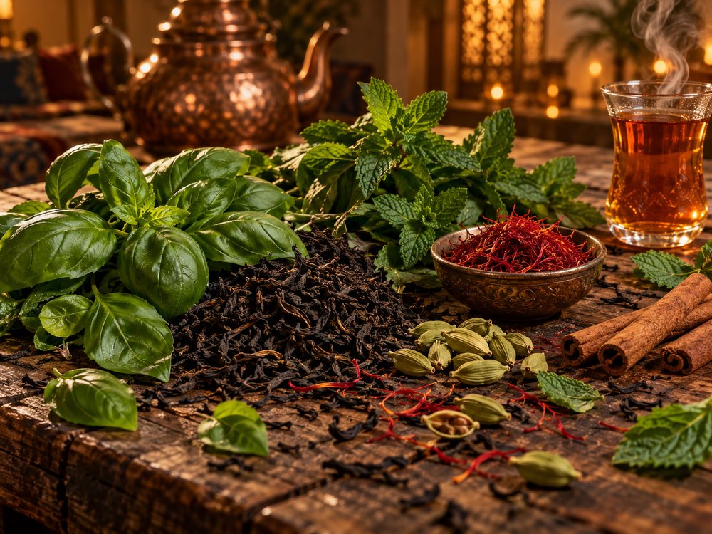 حبق ونعناع وزعفران وشاي